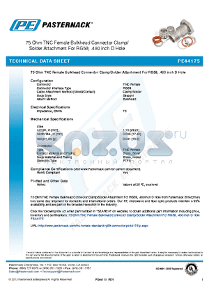 PE44175 datasheet - 75 Ohm TNC Female Bulkhead Connector Clamp/Solder Attachment For RG59, .480 inch D Hole