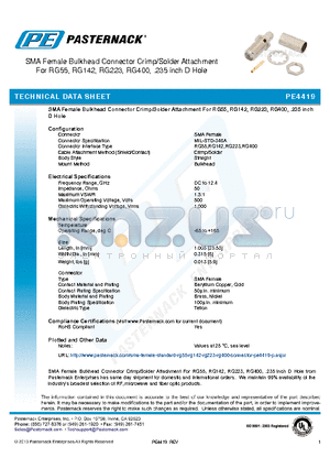 PE4419 datasheet - SMA Female Bulkhead Connector Crimp/Solder Attachment For RG55, RG142, RG223, RG400, .235 inch D Hole