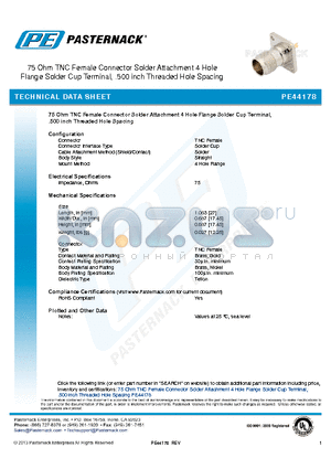 PE44178 datasheet - 75 Ohm TNC Female Connector Solder Attachment 4 Hole Flange Solder Cup Terminal, .500 inch Threaded Hole Spacing