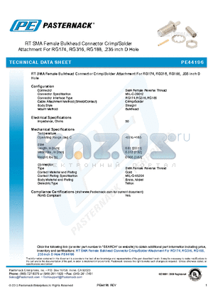 PE44196 datasheet - RT SMA Female Bulkhead Connector Crimp/Solder Attachment For RG174, RG316, RG188, .235 inch D Hole