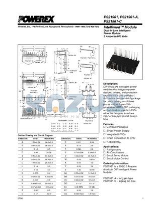 PS21961 datasheet - Dual-In-Line Intelligent Power Module 3 Amperes/600 Volts