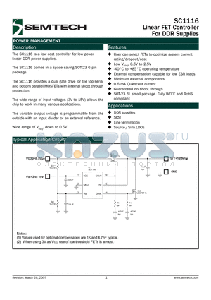 SC1116ISKTRT datasheet - Linear FET Controller For DDR Supplies
