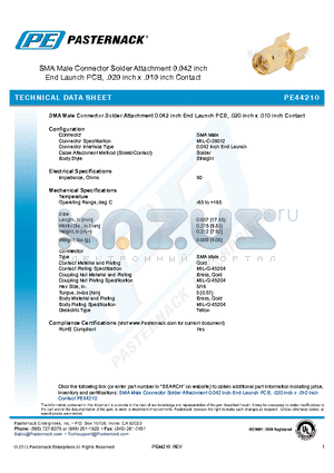 PE44210 datasheet - SMA Male Connector Solder Attachment 0.042 inch End Launch PCB, .020 inch x .010 inch Contact