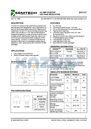 SC1117CST-5 datasheet - 0.8AMP POSITIVE VOLTAGE REGULATOR