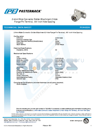 PE44220 datasheet - 2.4mm Male Connector Solder Attachment 2 Hole Flange Pin Terminal, .481 inch Hole Spacing