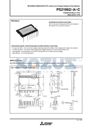 PS21962-C datasheet - 600V/5A low-loss 5th generation IGBT inverter bridge for three phase DC-to-AC power conversion