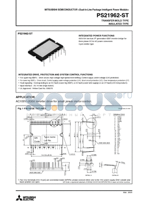PS21962-ST datasheet - 600V/5A low-loss 5th generation IGBT inverter bridge for three phase DC-to-AC power conversion.