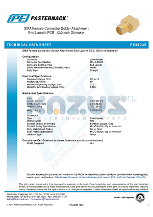 PE44235 datasheet - SMA Female Connector Solder Attachment End Launch PCB, .030 inch Diameter