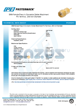 PE44241 datasheet - SMA Female Press In Connector Solder Attachment Pin Terminal, .200 inch Diameter