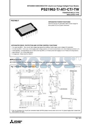 PS21962-CT datasheet - 600V/5A low-loss 5th generation IGBT inverter bridge for three phase DC-to-AC power conversion