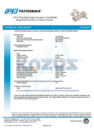 PE44249 datasheet - 1.0/2.3 Plug Right Angle Connector Crimp/Solder Attachment For RG174, RG316, RG188