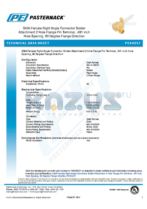 PE44237 datasheet - SMA Female Right Angle Connector Solder Attachment 2 Hole Flange Pin Terminal, .481 inch Hole Spacing, 90 Degree Flange Direction