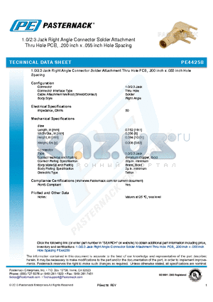 PE44258 datasheet - 1.0/2.3 Jack Right Angle Connector Solder Attachment Thru Hole PCB, .200 inch x .055 inch Hole Spacing