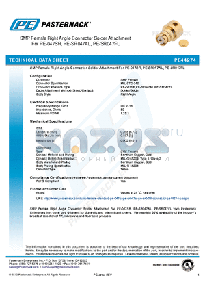 PE44274 datasheet - SMP Female Right Angle Connector Solder Attachment For PE-047SR, PE-SR047AL, PE-SR047FL