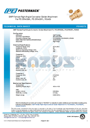 PE44275 datasheet - SMP Female Right Angle Connector Solder Attachment For PE-SR405AL, PE-SR405FL, RG405