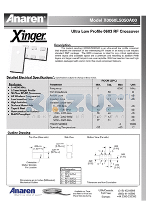 X0060L5050A00 datasheet - Ultra Low Profile 0603 RF Crossover