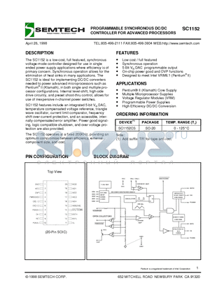 SC1152 datasheet - PROGRAMMABLE SYNCHRONOUS DC/DC CONTROLLER FOR ADVANCED PROCESSORS