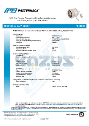 PE44286 datasheet - 7/16 DIN Female Connector Crimp/Solder Attachment For RG55, RG142, RG223, RG400