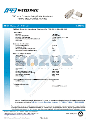 PE44293 datasheet - TNC Male Connector Crimp/Solder Attachment For PE-B400, PE-B405, PE-C400