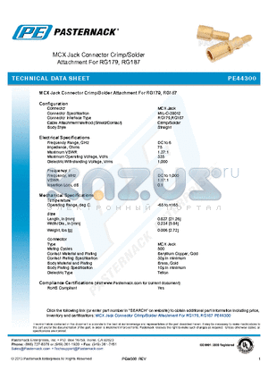 PE44300 datasheet - MCX Jack Connector Crimp/Solder Attachment For RG178, RG196