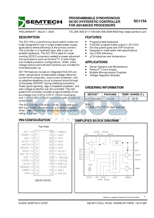 SC1154 datasheet - PROGRAMMABLE SYNCHRONOUS DC/DC HYSTERETIC CONTROLLER FOR ADVANCED PROCESSORS
