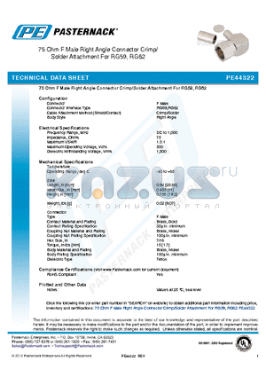 PE44322 datasheet - 75 Ohm F Male Right Angle Connector Crimp/ Solder Attachment For RG59, RG62