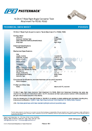 PE44323 datasheet - 75 Ohm F Male Right Angle Connector Twist Attachment For RG59, RG62