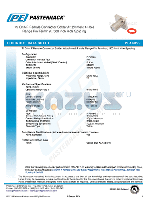 PE44329 datasheet - 75 Ohm F Female Connector Solder Attachment 4 Hole Flange Pin Terminal, .500 inch Hole Spacing