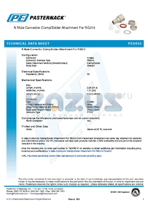 PE4433 datasheet - N Male Connector Clamp/Solder Attachment For RG218