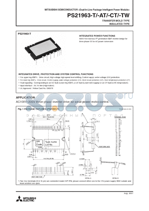 PS21963-CT datasheet - 600V/10A low-loss 5th generation IGBT inverter bridge for three phase DC-to-AC power conversion