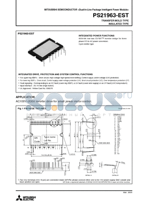 PS21963-EST datasheet - Dual-In-Line Package Intelligent Power Module TRANSFER-MOLD TYPE INSULATED TYPE