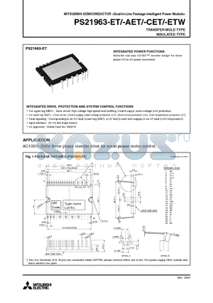 PS21963-ET datasheet - Dual-In-Line Package Intelligent Power Module TRANSFER-MOLD TYPE INSULATED TYPE