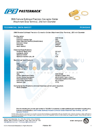 PE44344 datasheet - SMA Female Bulkhead Precision Connector Solder Attachment Stub Terminal, .250 inch Diameter