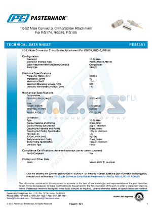 PE44351 datasheet - 10-32 Male Connector Crimp/Solder Attachment For RG174, RG316, RG188