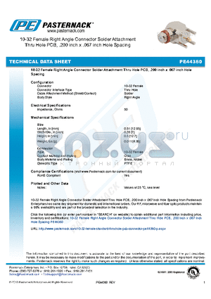 PE44360 datasheet - 10-32 Female Right Angle Connector Solder Attachment Thru Hole PCB, .200 inch x .067 inch Hole Spacing