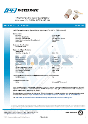 PE44363 datasheet - 10-32 Female Connector Clamp/Solder Attachment For RG174, RG316, RG188