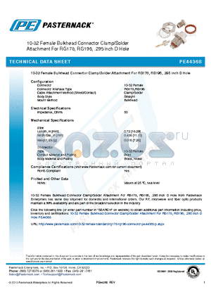 PE44368 datasheet - 10-32 Female Bulkhead Connector Clamp/Solder Attachment For RG178, RG196, .295 inch D Hole