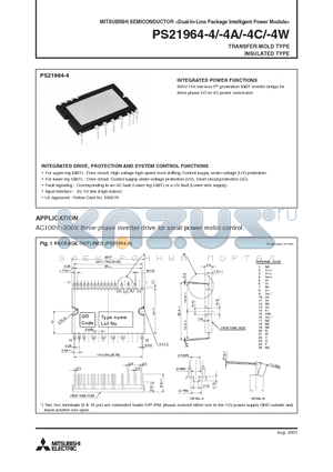 PS21964-4W datasheet - 600V/15A low-loss 5th generation IGBT inverter bridge for three phase DC-to-AC power conversion