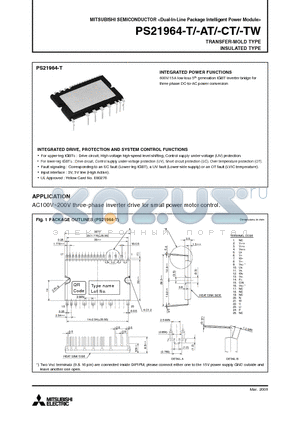 PS21964-AT datasheet - Dual-In-Line Package Intelligent Power Module TRANSFER-MOLD TYPE INSULATED TYPE