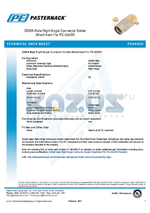 PE44420 datasheet - SSMA Male Right Angle Connector Solder Attachment For PE-034SR