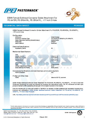 PE44429 datasheet - SSMA Female Bulkhead Connector Solder Attachment For PE-047SR, PE-SR047AL, PE-SR047FL, .177 inch D Hole