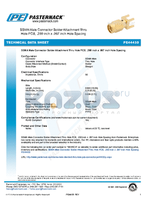 PE44430 datasheet - SSMA Male Connector Solder Attachment Thru Hole PCB, .200 inch x .067 inch Hole Spacing