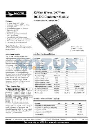 V300C12M300A datasheet - 375Vin / 15Vout / 300Watts DC-DC Converter Module