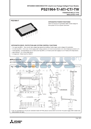 PS21964-T datasheet - 600V/15A low-loss 5th generation IGBT inverter bridge for three phase DC-to-AC power conversion