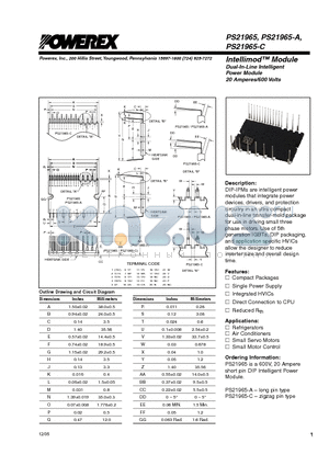 PS21965 datasheet - Dual-In-Line Intelligent Power Module 20 Amperes/600 Volts