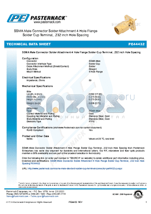 PE44432 datasheet - SSMA Male Connector Solder Attachment 4 Hole Flange Solder Cup Terminal, .232 inch Hole Spacing