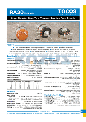 RAT30XTME15SA101K datasheet - 30mm Diameter, Single-Turn,Wirewound Industrial Panel Controls