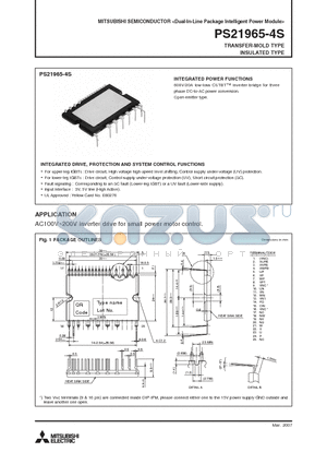 PS21965-4S datasheet - 600V/20A low-loss CSTBTTM inverter bridge for three phase DC-to-AC power conversion