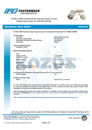 PE44444 datasheet - 75 Ohm SMB Positive Snap Plug Connector Crimp/ Solder Attachment For RG180, RG195