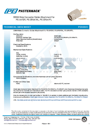 PE44441 datasheet - SSMA Male Connector Solder Attachment For PE-047SR, PE-SR047AL, PE-SR047FL